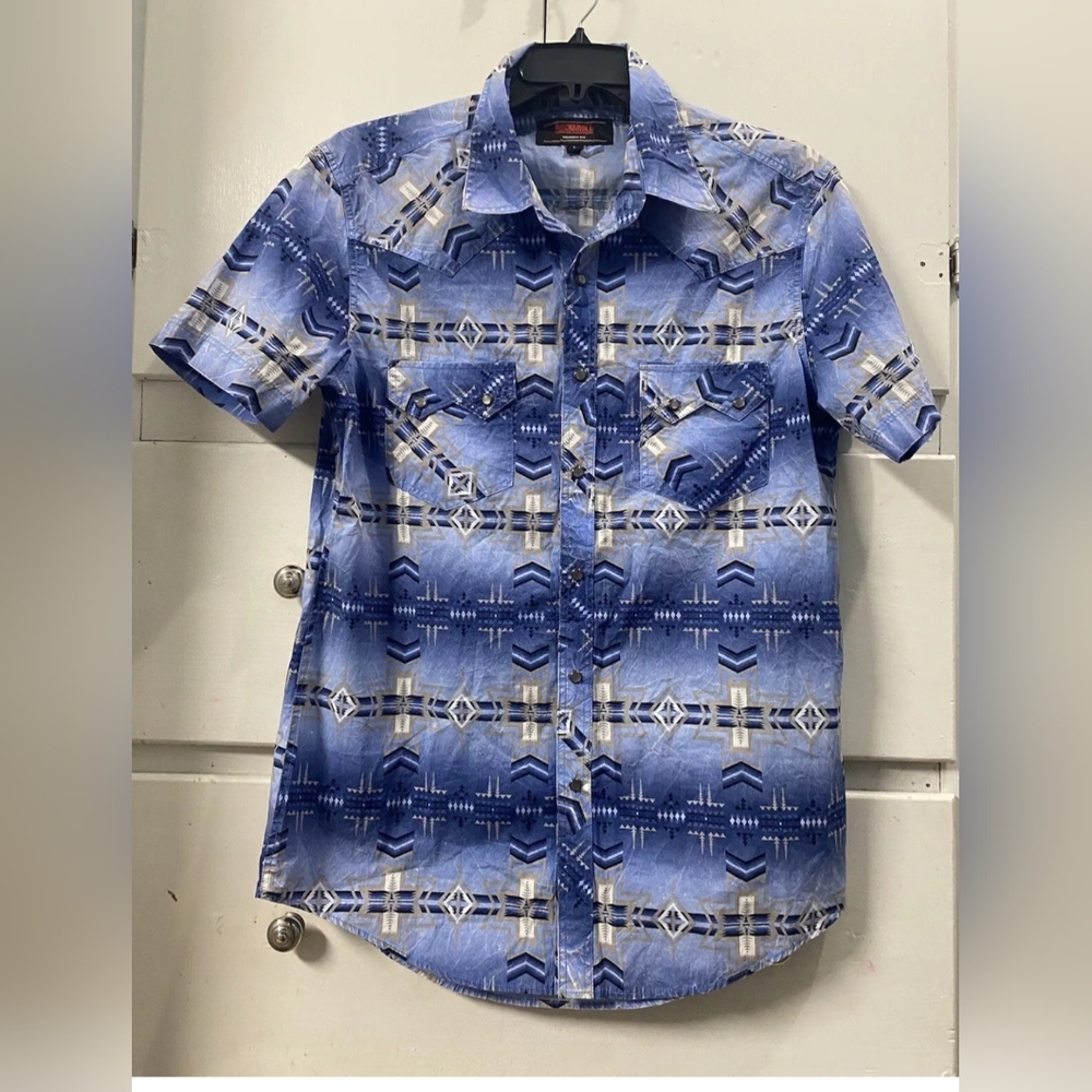 Rock And Roll Denim Shirt Short Sleeve Pearl Snap Aztec Blue Size Large